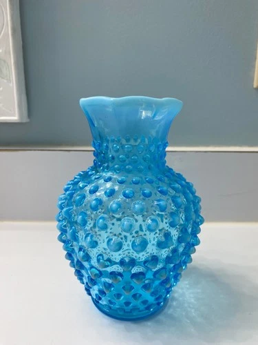 Fenton Blue Opalescent Hobnail Mini Vase 6"