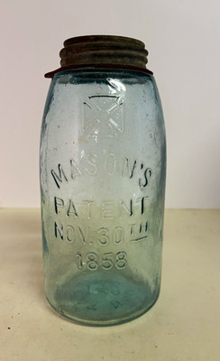 Antique Mason s Patent Nov 30th 1858 Aqua Fruit Jar Ball Zinc Lid