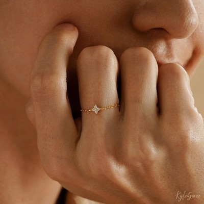 14 Yellow Gold Plated Dainty Chain Ring featuring a Minimalist Sparkling Flower