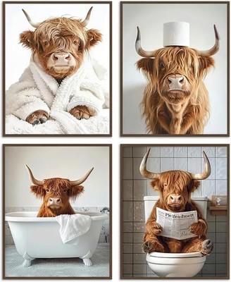 4er Highland Kuh Wandkunst Bild, Lustige Kuh Badezimmer Badewanne