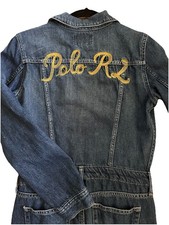 RARE Polo Ralph Lauren Girls Blue Denim Jumpsuit Size 16 Embroidered