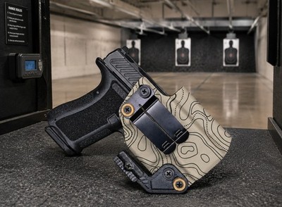 IWB Kydex Holster Optics-Ready   Claw, Adjustable Cant, Wedge   Topo Map on Tan