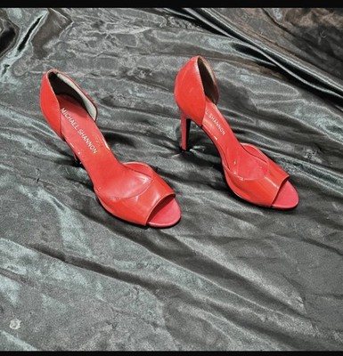 100% Leather Patent Open Toe Womens Size 8 Michael Shannon Red High Heel Shoes