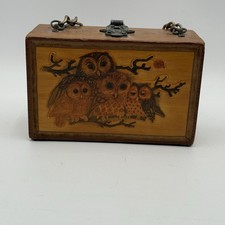 Vintage Handmade Decoupage Wooden With Felt Trim And Mirror Purse With Owls