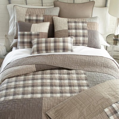 Smoky Square Taupe Ivory Grey Patchwork Country King 3 Pc Quilted Bedding Set