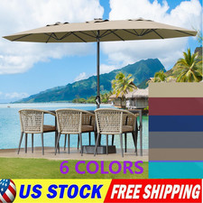 15' Patio Umbrella W Base Rectangle Outdoor Double-Sided Market Umbrella w/Crank