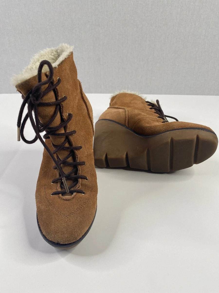 Women s Michael Kors Lace Up Suede Sherpa Boots Wedge Booties Camel Size 6 M