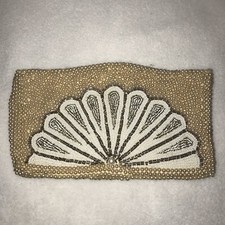 Vintage Ivory Seed Pearls Beaded Fan Design Clutch Purse Evening Bag Japan