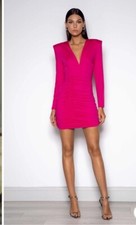 Elle Zeitoune Size 12 Pink Long Sleeve V Neck Padded Shoulder Evening Dress BNWT