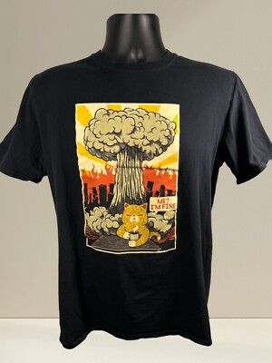 Me, I'm Fine... Funny Cat Enjoying Coffee While Bombs Drop Black T-Shirt Medium