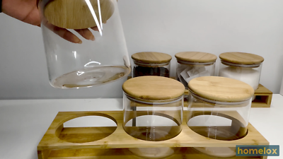 Set Of 3 Glass Tea Coffee Sugar Jars Canisters with Bamboo Stand Kitchen  Storage | eBay