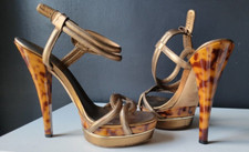 AUTHENTIC GUCCI GOLD METALLIC PLATFORMS ANKLE STRAP SHOES with TORTOISE HEEL