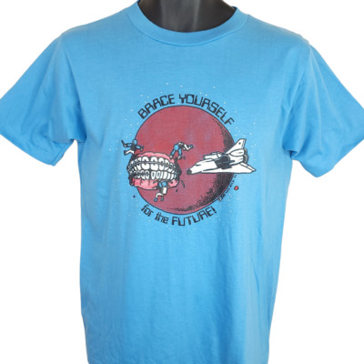 Vintage Space Shuttle T Shirt Mens Size Medium Blue 80s Astronaut Braces USA