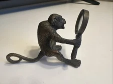 Vintage Figural Brass Sculpture Capuchin Monkey w/ Mirror Looking Glass