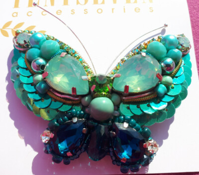 BROSCHE SCHMETTERLING TÜRKIS Strass PERLE Handarbeit Italien Damen Schmuck Sommer