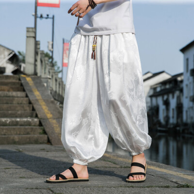 Men's Japanese Style Cotton Pants - One Size Black & Red Drawstring Harem Pants For Yoga & Lounge