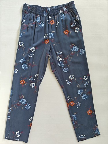 Women's Cadie Soft Pants Blue Floral Elastic Stretch Waist Ankle Length Pockets  - Afbeelding 1 van 4
