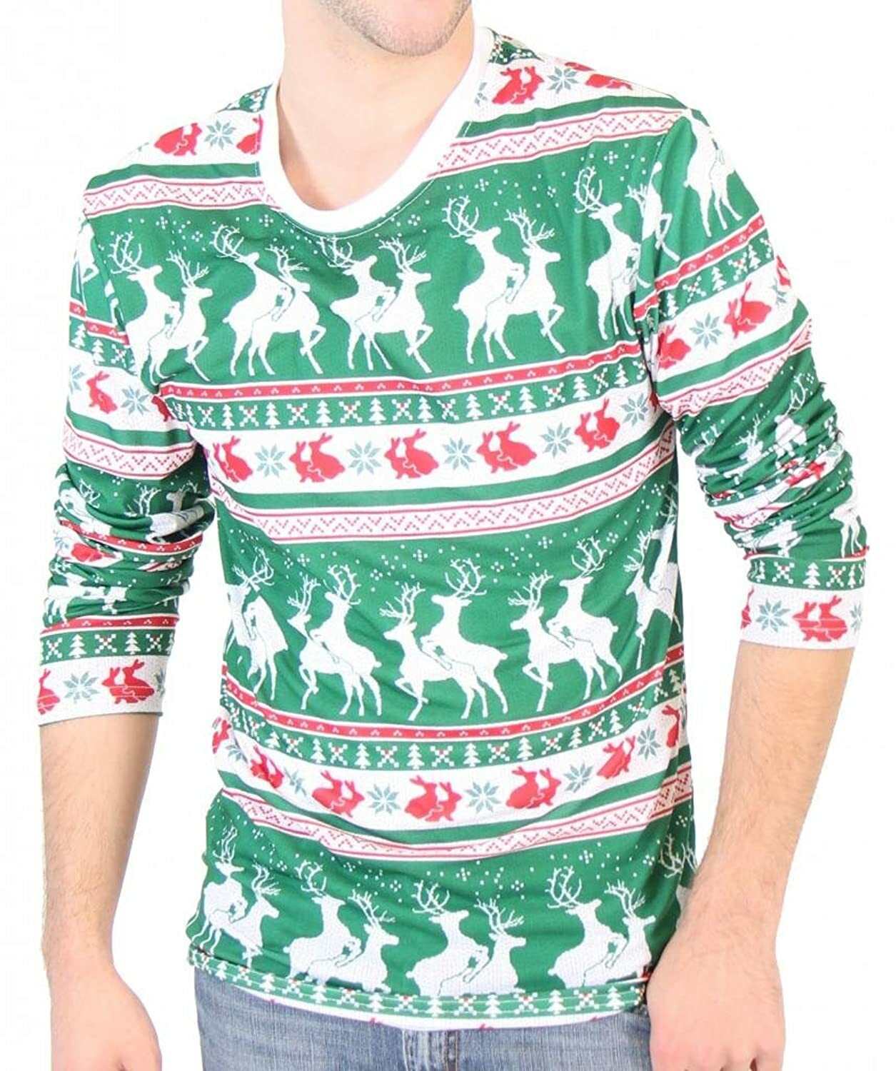 Adult Holiday Reindeers & Rabbits Pattern Long Sleeve Ugly Christmas Cosplay Tee