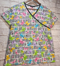 Just Love Black  White Stripe Butterfly Print Scrub Top Medium Happy Colors