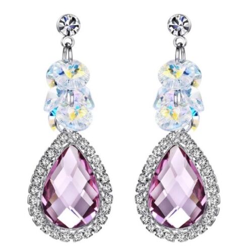 Made With Swarovski Crystals The Carlie Teardrop Pink & Silver Earrings  S5 - Picture 1 of 5
