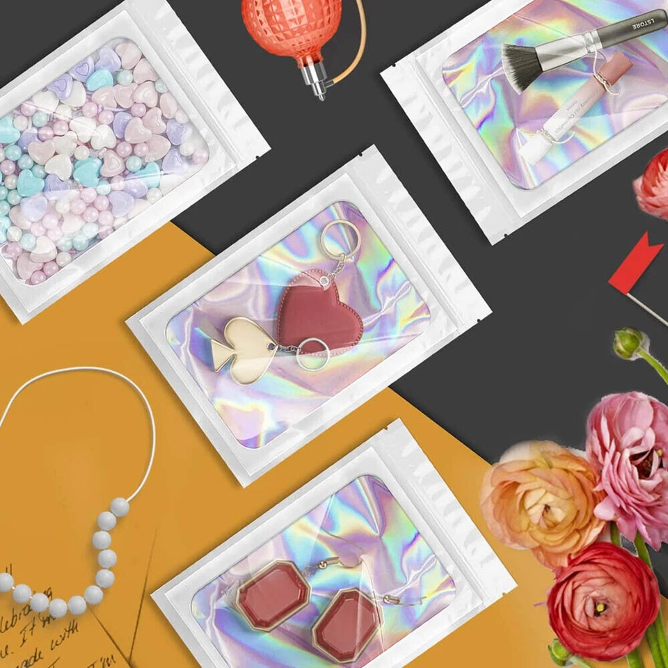 100 bolsas holográficas de papel de aluminio de Mylar a prueba de olores resellables bolsas de sellado con cremallera degradadas Foto 3 de 4