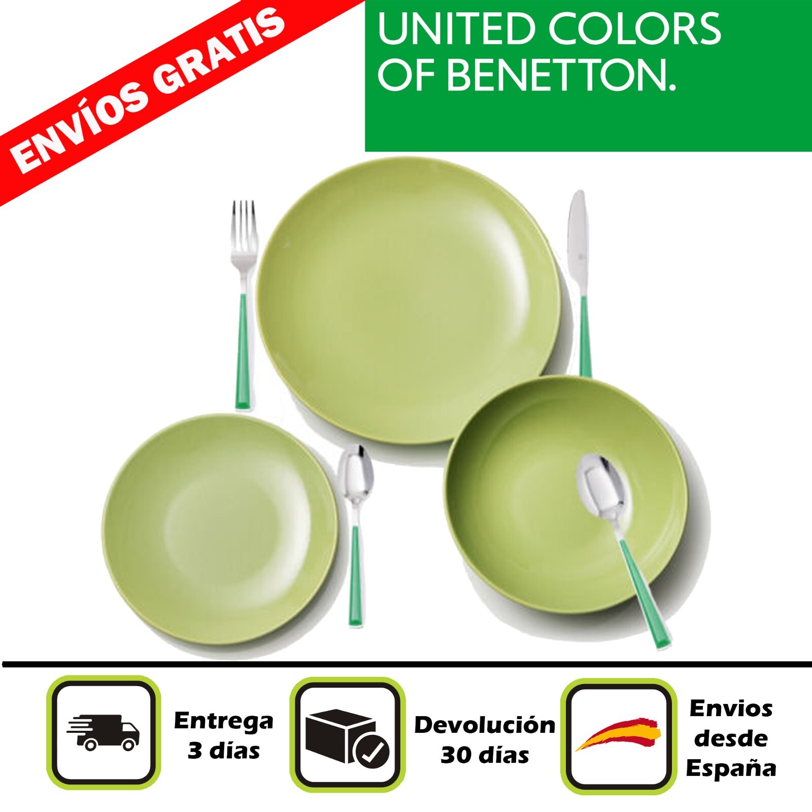 Set 6 Servicios: 18Pcs Vajilla Loza Color Verde Y 24Pcs Cubertería Acero Inoxidable Mango Color Verde Casa Benetton En Oferta Set 6 Servicios Benetton 18Pcs Vajilla Loza Color Verde Y 24Pcs Cuberter�A