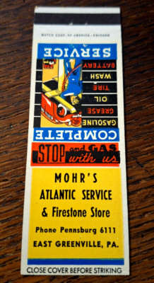 Vintage Matchbook: Mohr's Atlantic Gas Service Station, East Greenville, PA