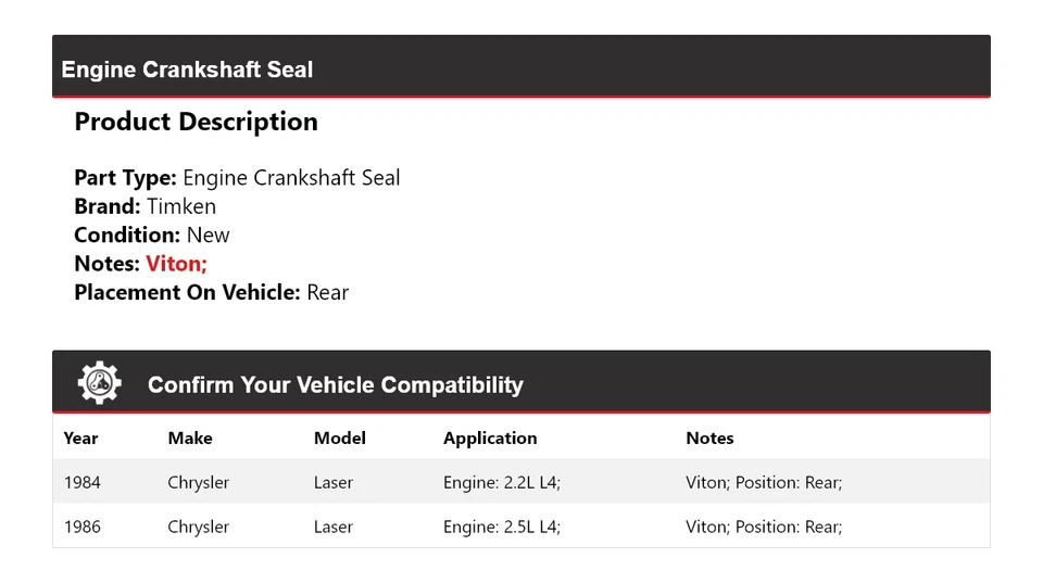 For 1984, 1986 Chrysler Laser Engine Crankshaft Seal Rear Timken - Image 2 of 4