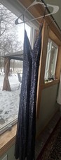 Lulus Navy Blue Sequin Maxi Dress V-Neck Strappy Sleeveless Formal Party Size L
