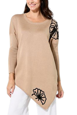 Nina Leonard Women's 3D Floral Pullover Sweater Tan/Black