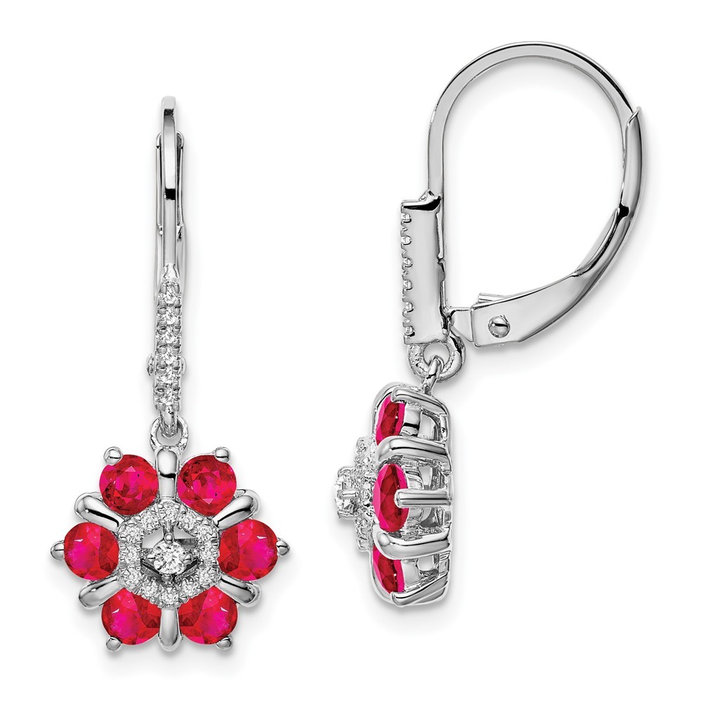 14k White Gold Ruby and Diamond Floral Leverback Drop & Dangle Earrings