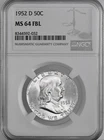 1952-D 50C FRANKLIN SILVER HALF DOLLAR FULL BELL LINES NGC MS64 FBL #8344592-032