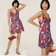 FARM Rio Colorful Bananas Wrap Dress Large Multicolor Abstract V-Neck Mini