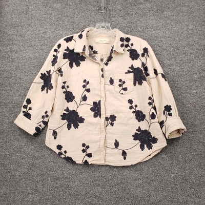 Isabella Sinclair Button Up Shirt Womens Small Beige Embroidered Floral Collared