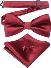 Mens Solid Color Pre-Tied Bow Tie and Pocket Square Cufflink Set