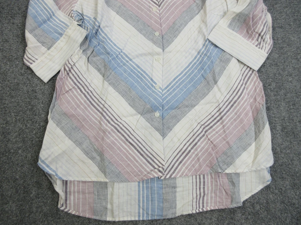 Camisa Chicos Feminina 2 Pequena Azul Roxa Branca Listrada Linho Botão Sem Ferro - Imagem 2 de 4