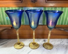 Rick Strini Group of 3 Art Glass Hand Blown Wines! Iridized Blue w/Gold Stems