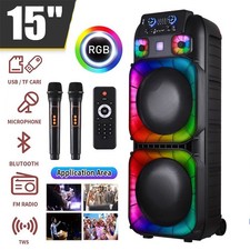Portable 15" Subwoofer Bluetooth Speaker Rechargable w/LED DJ FM Party Karaok