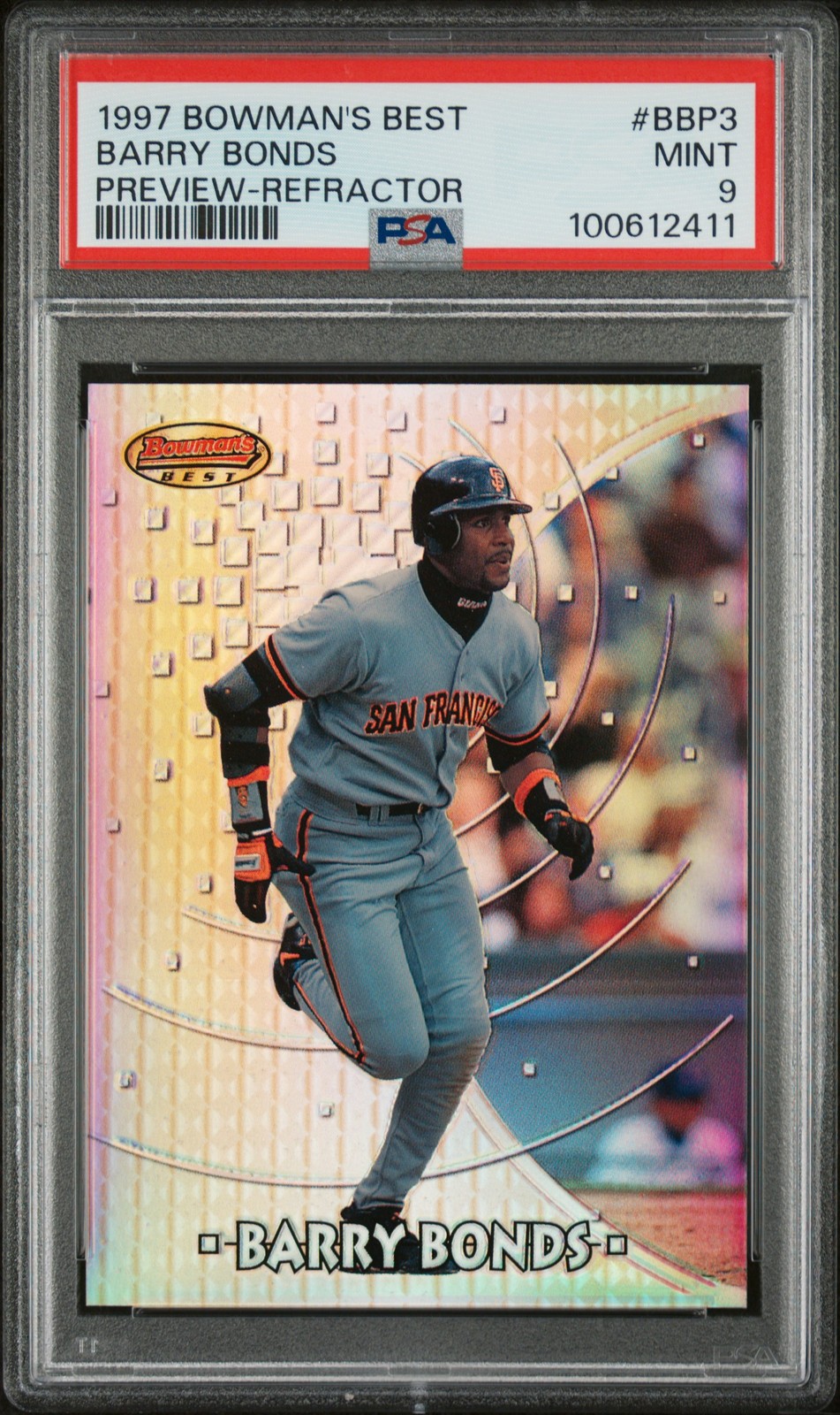 1997 Bowman's Best Barry Bonds Preview Refractor PSA 9 Mint #BBP3 Baseball Card view 1