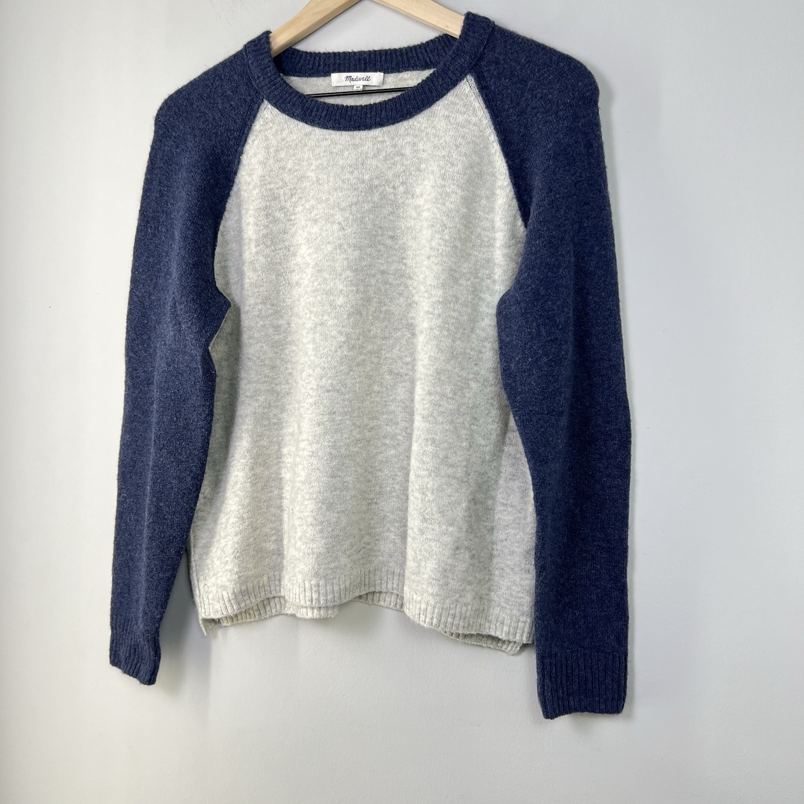 Madewell Wool Knit Raglan Pullover Sweater Gray Navy Crew Neck Long Sleeve Women