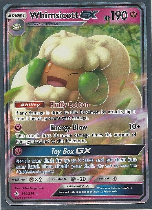 2019 POKEMON WHIMSICOTT GX 140/214 UNBROKEN BONDS - ULTRA RARE - HOLO- NM/MINT