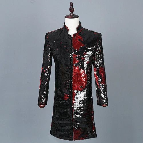 Men Reversible Two Tone Sequin Longline Jacket Suit Blazer Cabaret Carnival Tops - Picture 13 of 21