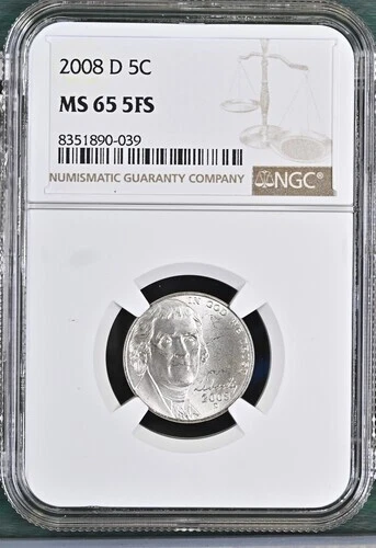2008-D Jefferson nickel graded by NGC MS65 5FS