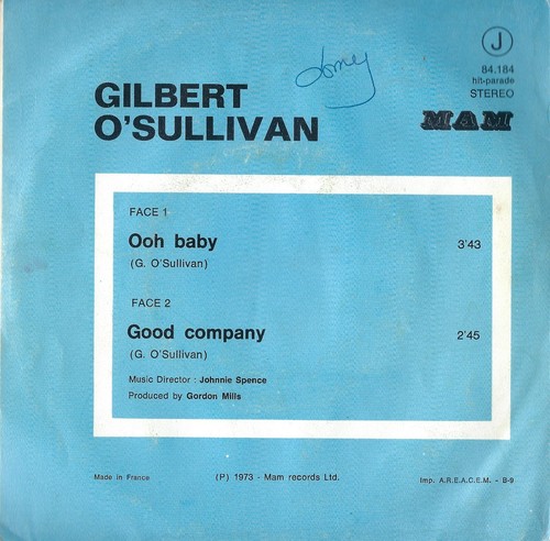 Record 45 RPM GILBERT O'SULLIVAN – Ooh Baby/Good Company - Picture 2 of 2
