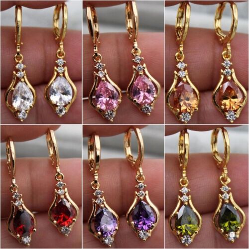 Pretty Yellow Gold Plated Drop Earrings Cubic Zirconia Jewelry Gifts A Pair - Picture 1 of 11