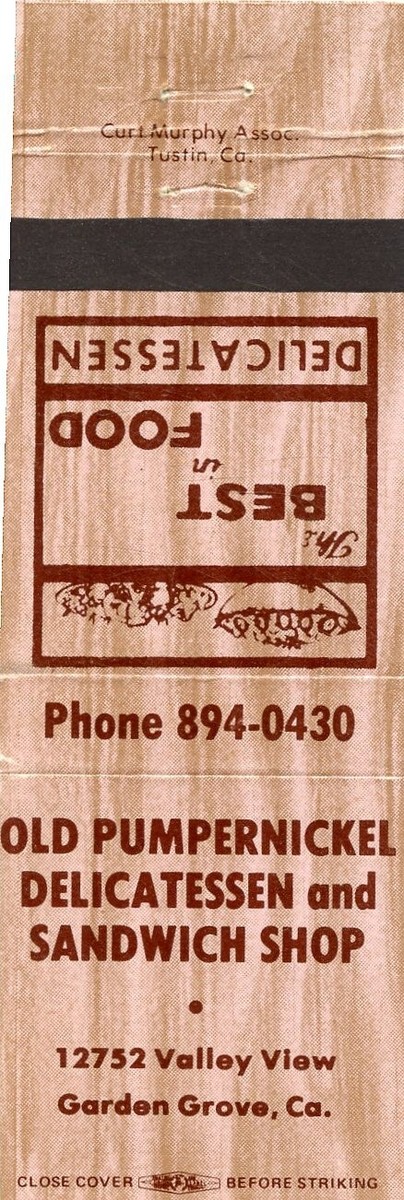 Old Pumpernickel Delicatessen, Garden Grove, California Matchbook