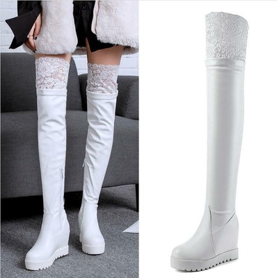 Sexy Womens Hidden Heel Over Knee High Boots Lace Thigh Pull On Platform Shoes
