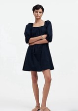 Madewell Dress Women's Size 4 Square-Neck Puff-Sleeve Mini Dress Navy Cotton