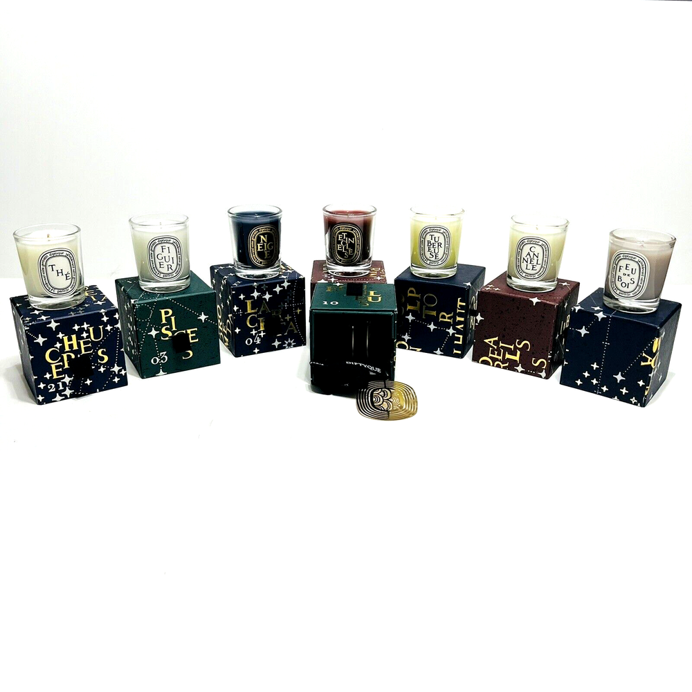 Diptyque Set of 7 35 gram Bougie Perfume Ee Scented Candles + 3 Piece Ornaments