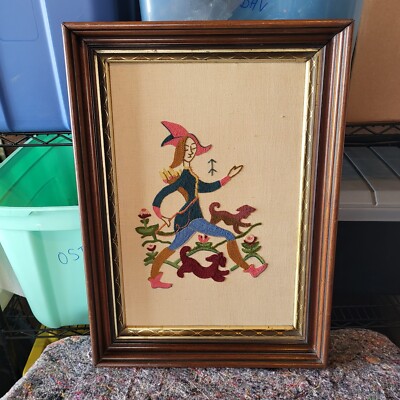 Vtg Crewel Archer Wall Art Framed Embroidered Bow Arrow Dog Mid Century 60s DME